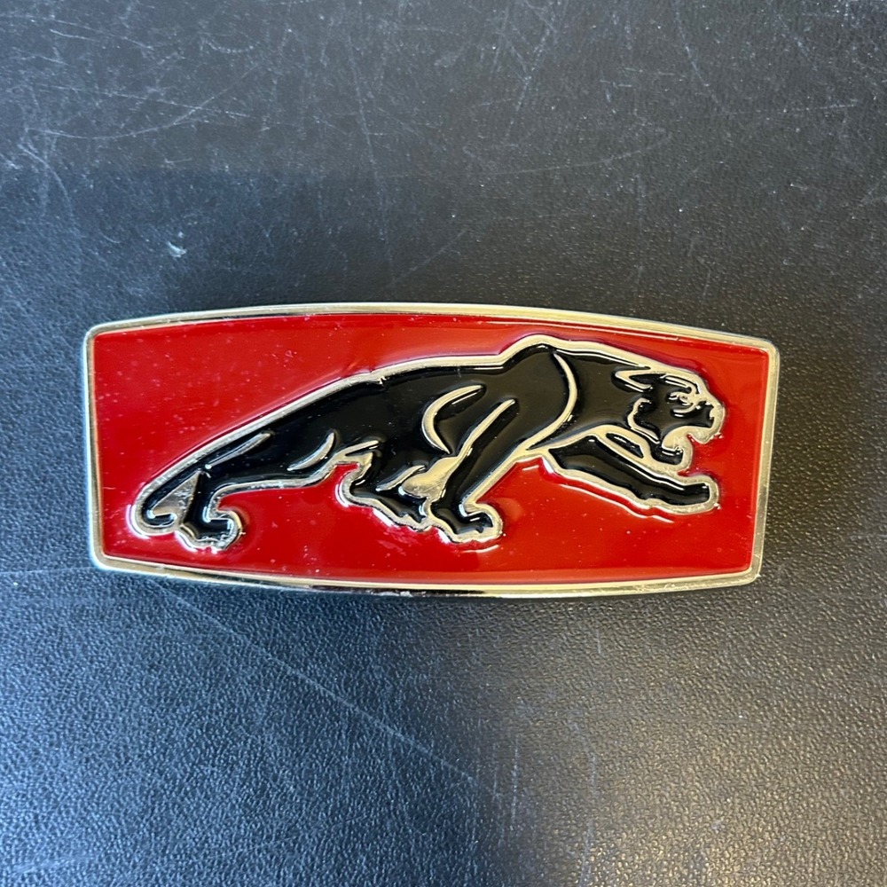 VINTAGE Black Panther Belt Buckle Mens Red Enamel Silver Tone Biker Rockabilly